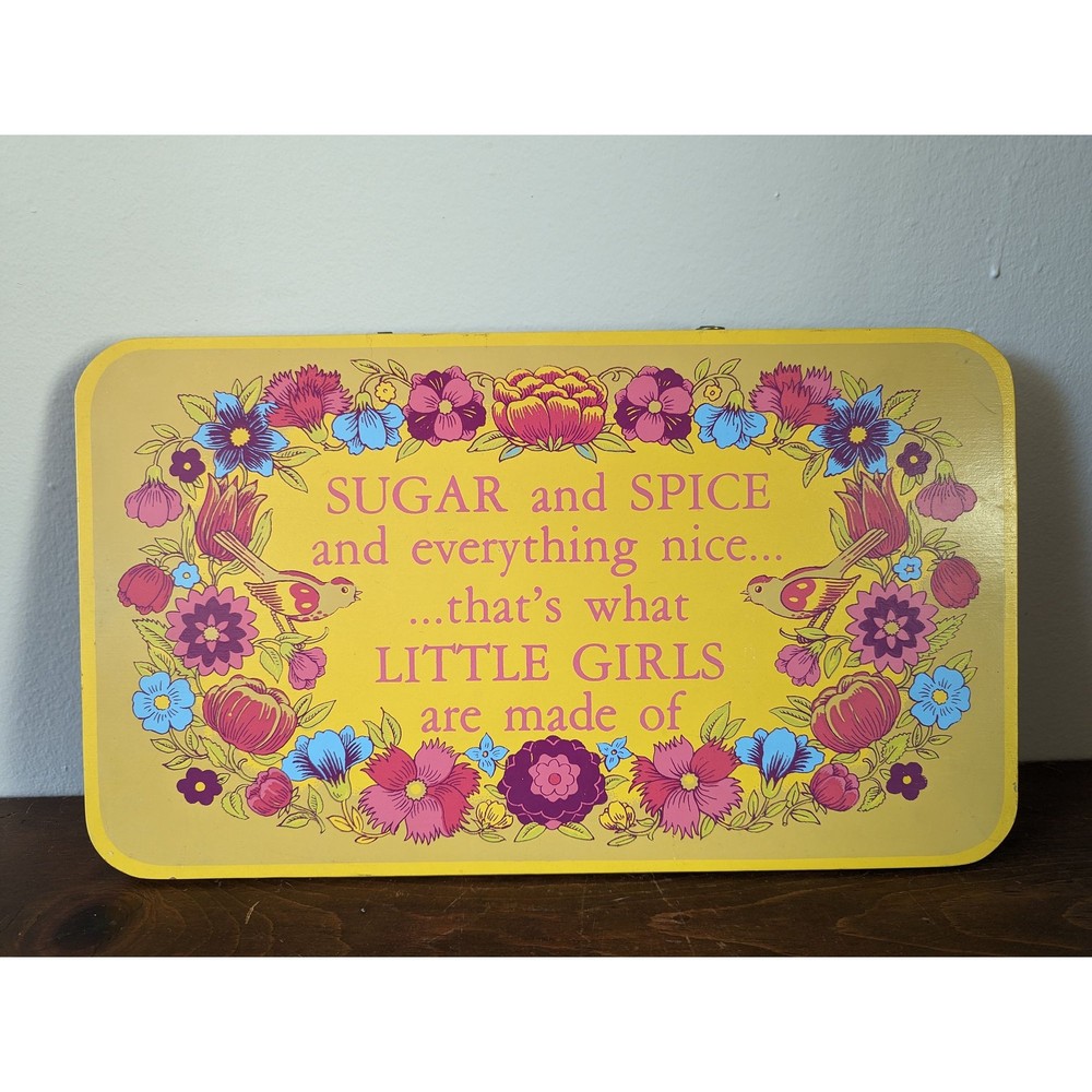 1970s Sugar and Spice Little Girl Flowers and Birds Yorkcraft Wooden Wall Plaque